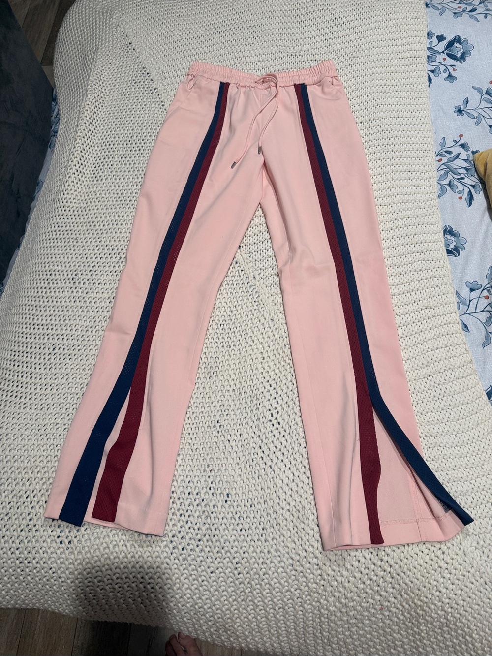 Tretorn Pink Sweatpants with Navy & Burgundy Side Stripes sith ope front